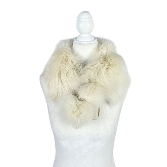 Via Couture White Rabbit Fox Fur Pom Pom Scarf Collar OS - Picture 2 of 8